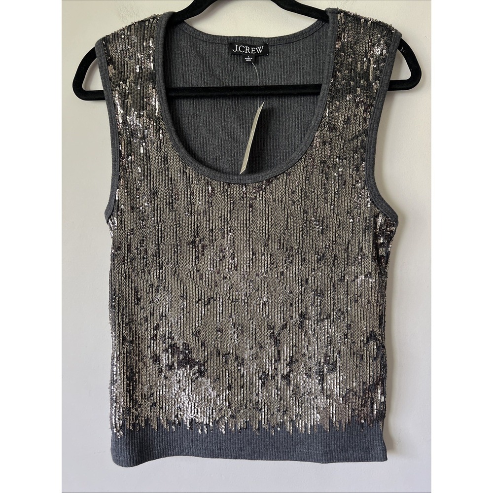 J. CREW Tank Top Womens L Gray Vintage Rib Sequin Embellished Knit Cropped Party